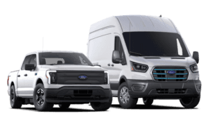 A white 2024 Ford F-150 Lightning and a white 2024 Ford E-Transit Van side by side.
