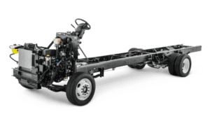 A stripped Ford Chassis angled left.