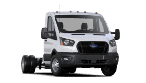 A white 2024 Ford Transit Cutaway angled right.