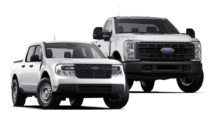 A white 2024 Ford Maverick and a white 2024 Ford F-250 side by side.