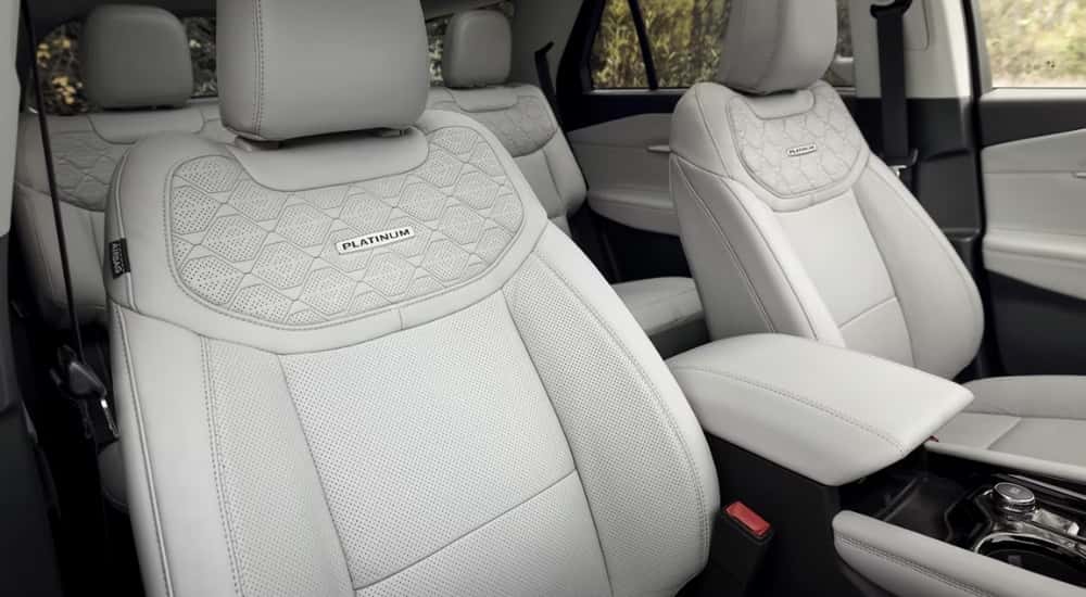 Gray leather seating in a 2025 Ford Explorer Platinum.