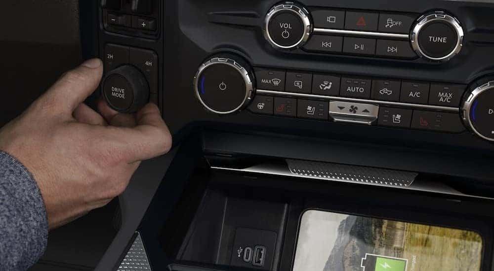 Close-up of center control console in a 2025 Ford F-250.