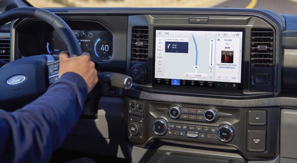 Close-up of the gray dash in a 2025 Ford F-250 for sale.