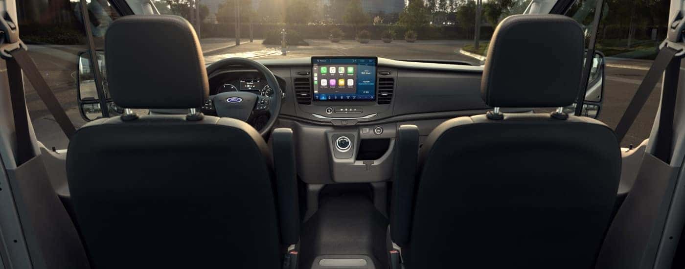The black interior of a 2025 Ford Transit.