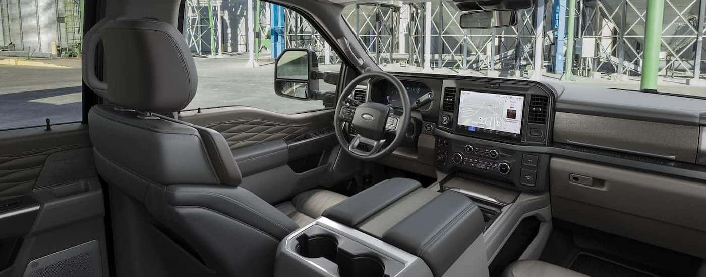 The gray interior and dash in a 2025 Ford F-250.