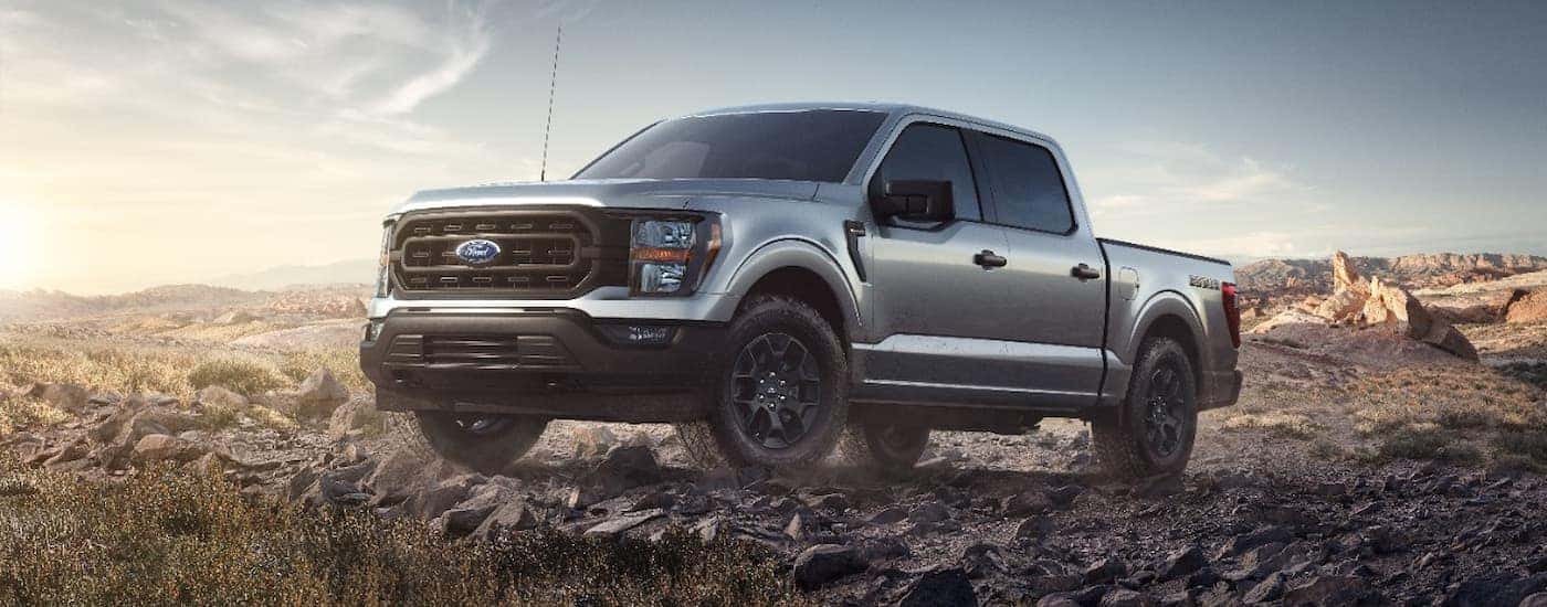 Silver 2023 Ford F-150 parked off-road.