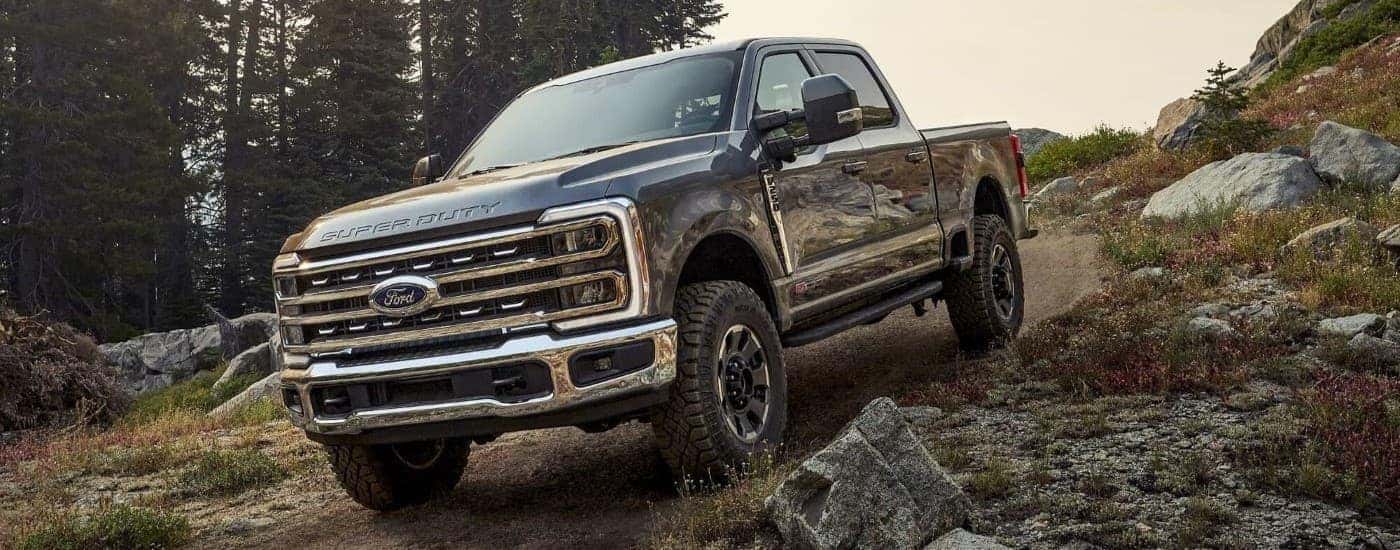 A grey 2023 Ford F-250 from the front.