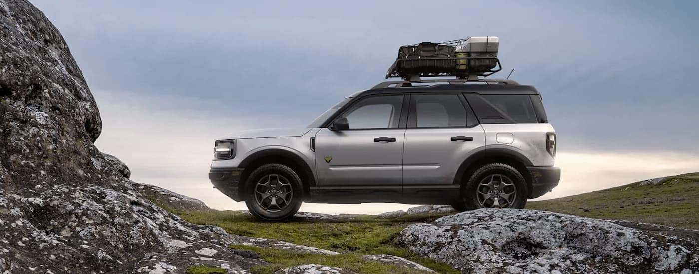 A silver 2022 Ford Bronco Sport Badlands is on a remote trail.