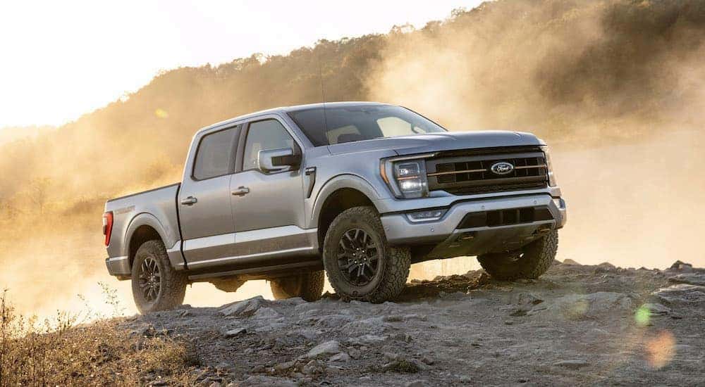 A silver 2021 Ford F-150 Tremor is parked off-road.