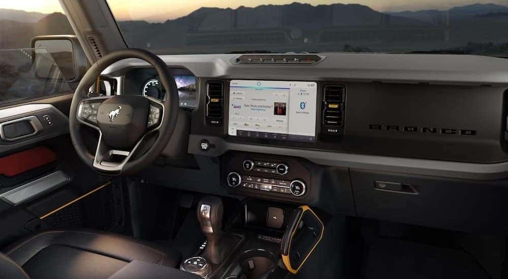 The black interior and dash in a 2024 Ford Bronco.