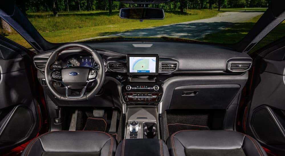 The black interior of a 2022 Ford Explorer ST-Line.