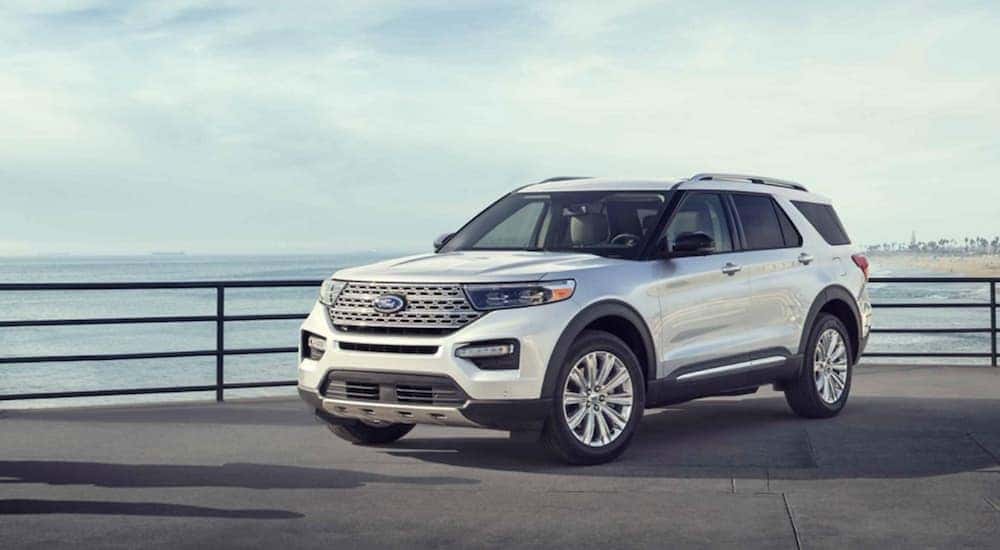 A white 2020 Ford Explorer parked and angled left after visiting a used car dealer near Ionia.