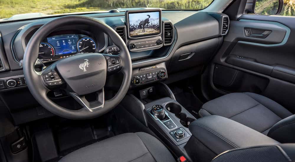 The black interior of a 2025 Ford Bronco Sport.