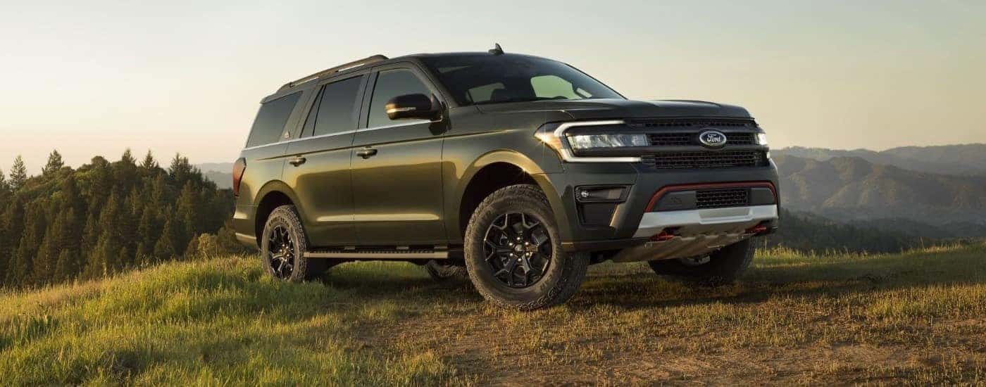 A green 2022 Ford Expedition parked on grass after leaving a Corunna Ford dealership.