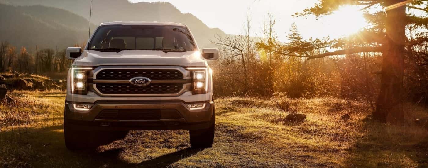 A grey 2022 Ford F-150 is parked in a field after leaving a Ford dealer in Perry.