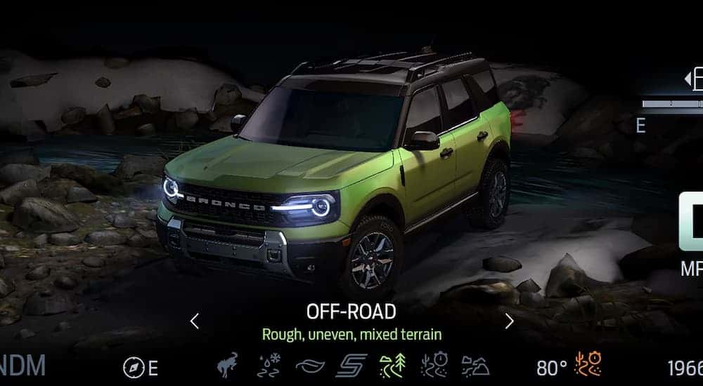 Infotainment system on the 2025 Ford Bronco Sport displaying off-road drive modes.