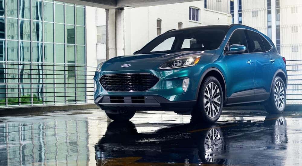 Blue 2020 Ford Escape in a garage