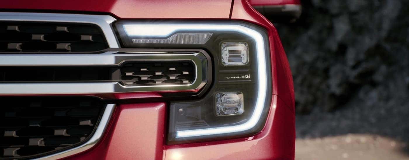 Driver side headlight on a red 2025 Ford Ranger