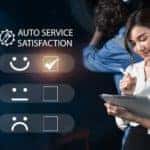 An auto service satisfaction survey is shown being filled out by a woman.