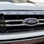 A close up shows the grille on a white 2021 Ford Ranger.