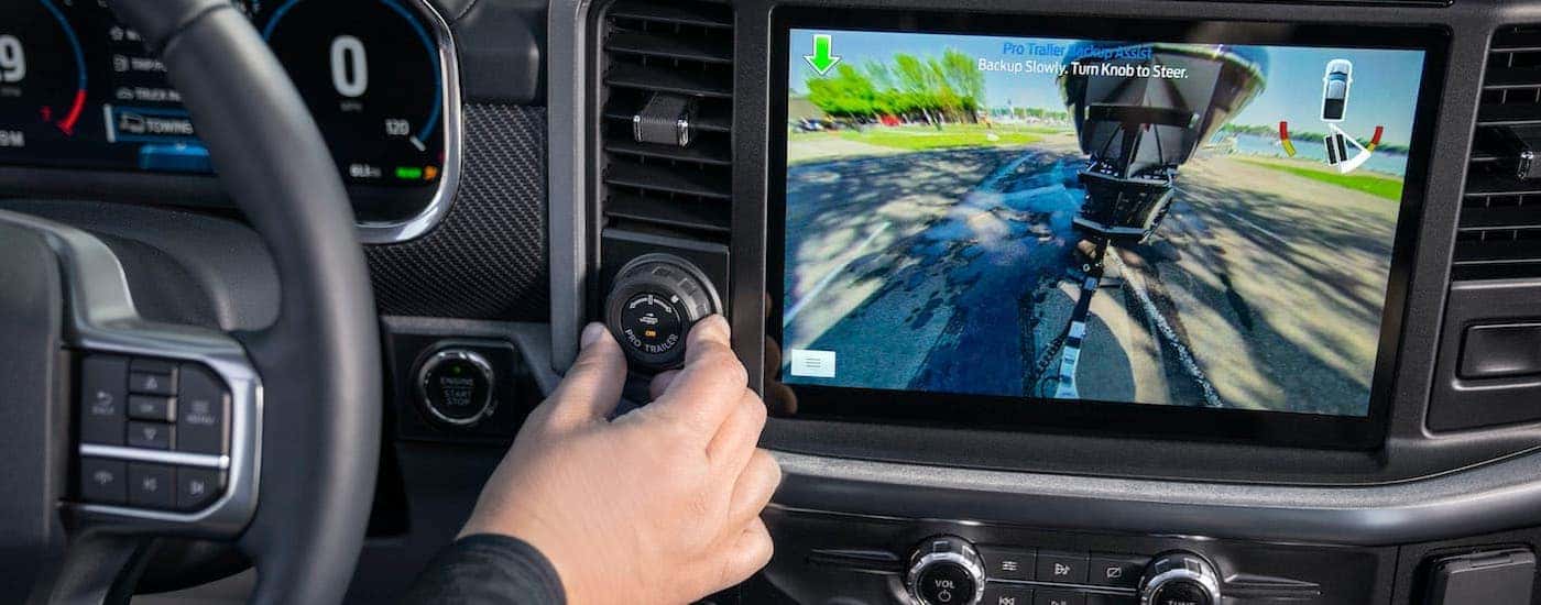 A close up shows the trailer assist feature on the infotainment screen in a 2022 Ford F-150.