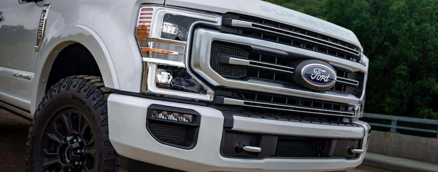 Front of a white 2022 Ford F-250 Platinum.