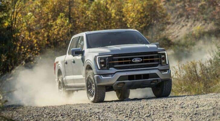 A silver 2021 Ford F-150 Tremor is shown from the front while off-road.