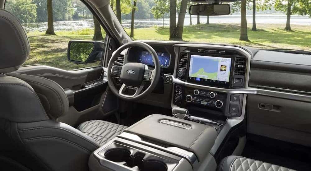 The gray interior and dash in a 2024 Ford F-150 for sale near Indianapolis is shown.