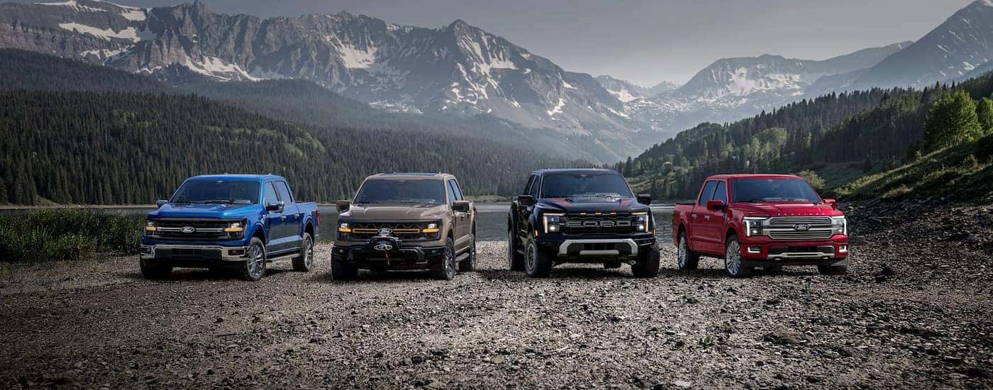 Lineup of 2025 Ford F-150s for sale near Fishers.