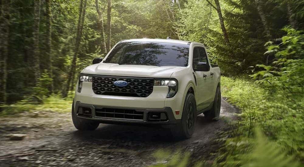A white 2025 Ford Maverick for sale driving in a forest.