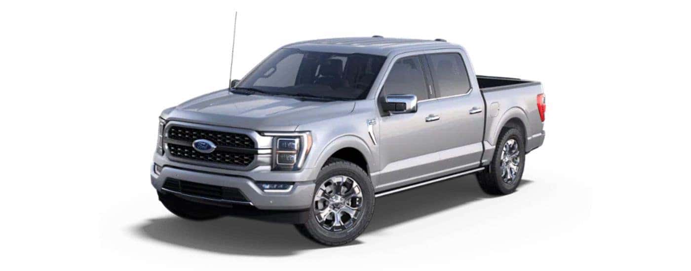 A silver 2021 Ford F-150 Platinum angled left.