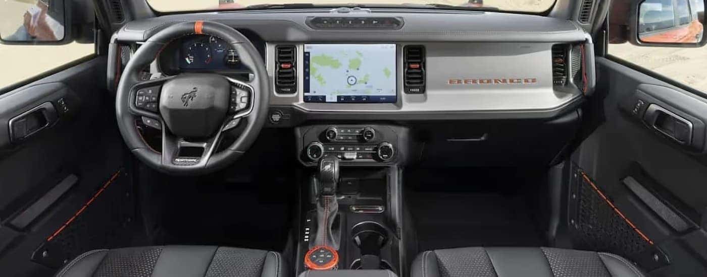 The black dash and infotainment screen in a 2022 Ford Bronco.