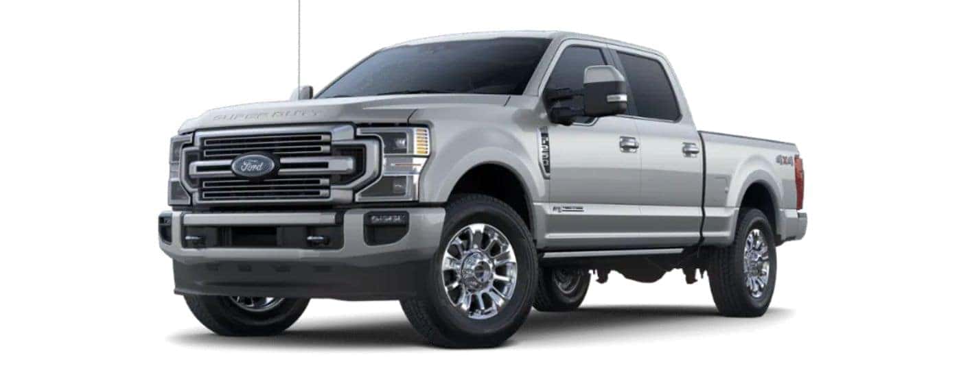 A silver 2022 Ford F-250 Limited angled left.