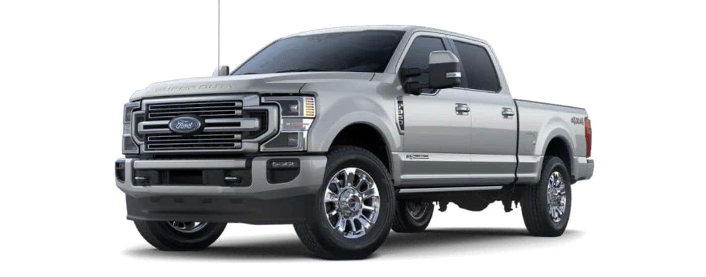 A silver 2022 Ford F-350 Limited angled left.