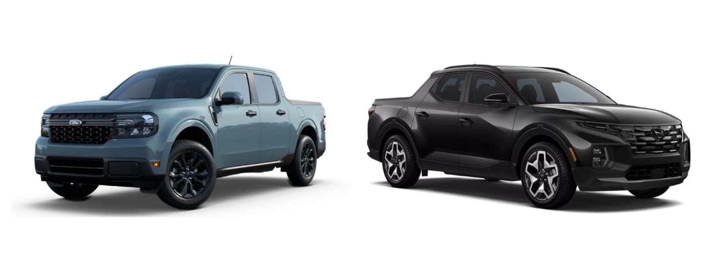 A blue 2022 Ford Maverick angled left and a black 2022 Hyundai Santa Cruz angled right.