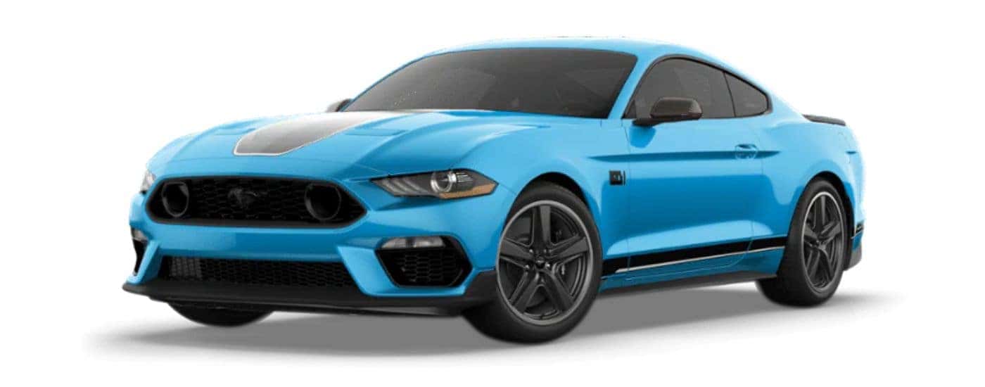 A blue 2022 Ford Mustang Mach 1 angled left.