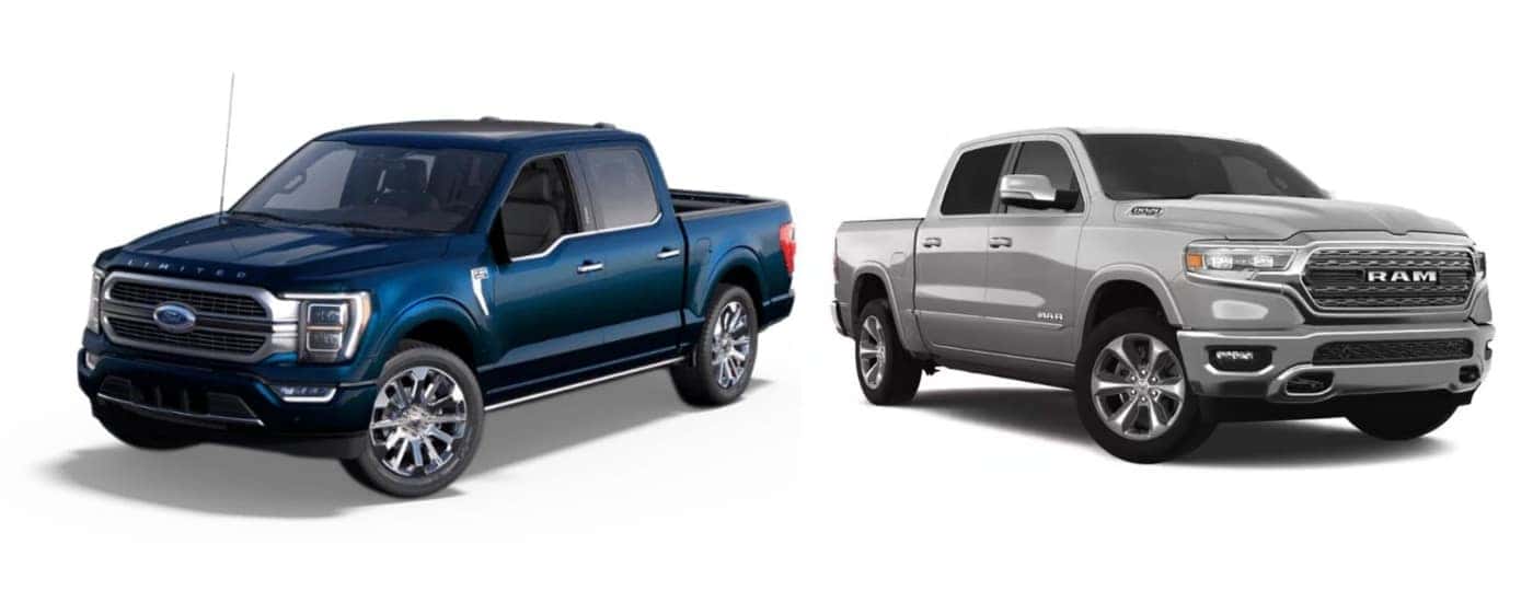 A blue 2023 Ford F-150 angled left and a silver 2023 Ram 1500 angled right.
