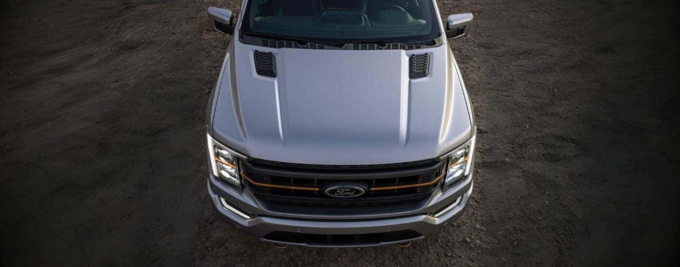 Front of a silver 2021 Ford F-150 Tremor.