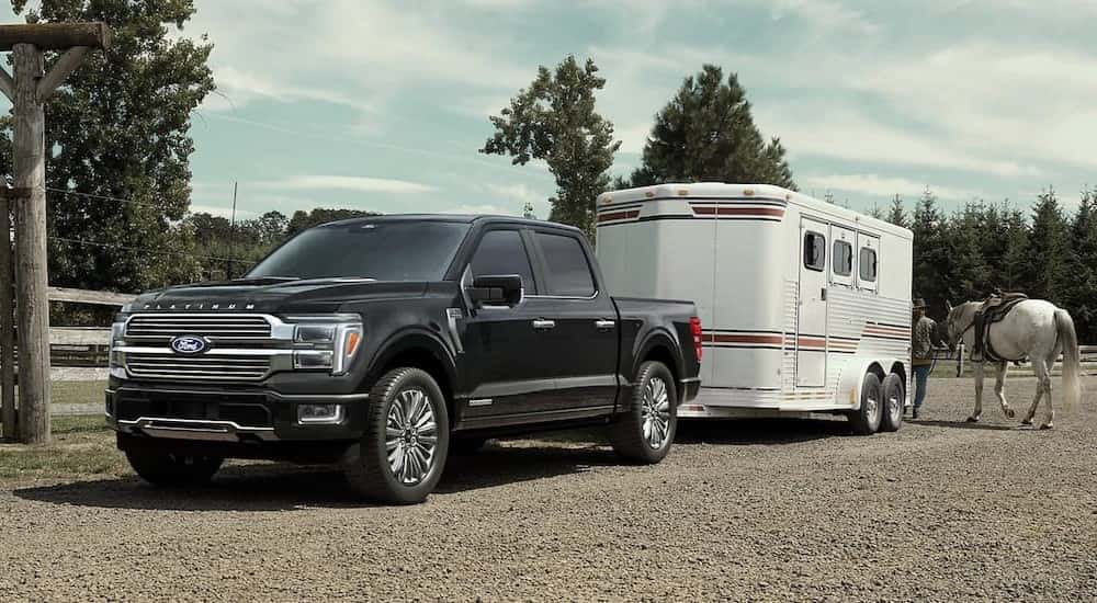 A black 2025 Ford F-150 Platinum towing a trailer on a ranch.