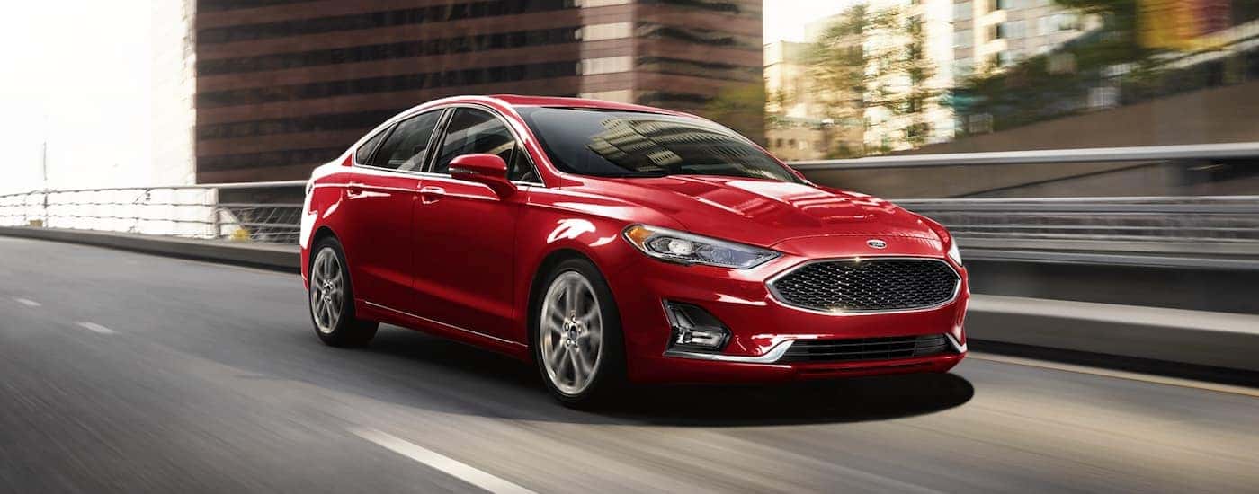 A red 2020 Ford Fusion is shown after leaving a used Ford dealer near Indianapolis.
