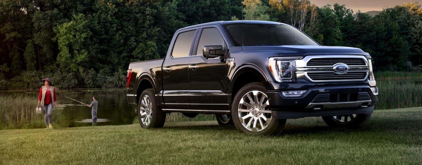 A dark blue 2022 Ford F-150 is shown parked on grass after visiting a used car dealer near Carmel.