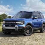 Blue 2026 Ford Bronco Sport for sale near Noblesville parked off-road.