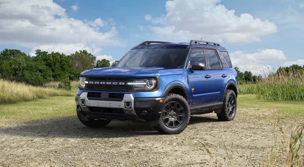Blue 2026 Ford Bronco Sport for sale near Noblesville parked off-road.