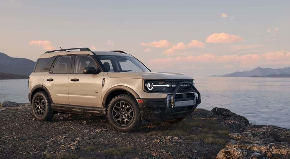 White 2025 Ford Bronco Sport parked off-road at an angle