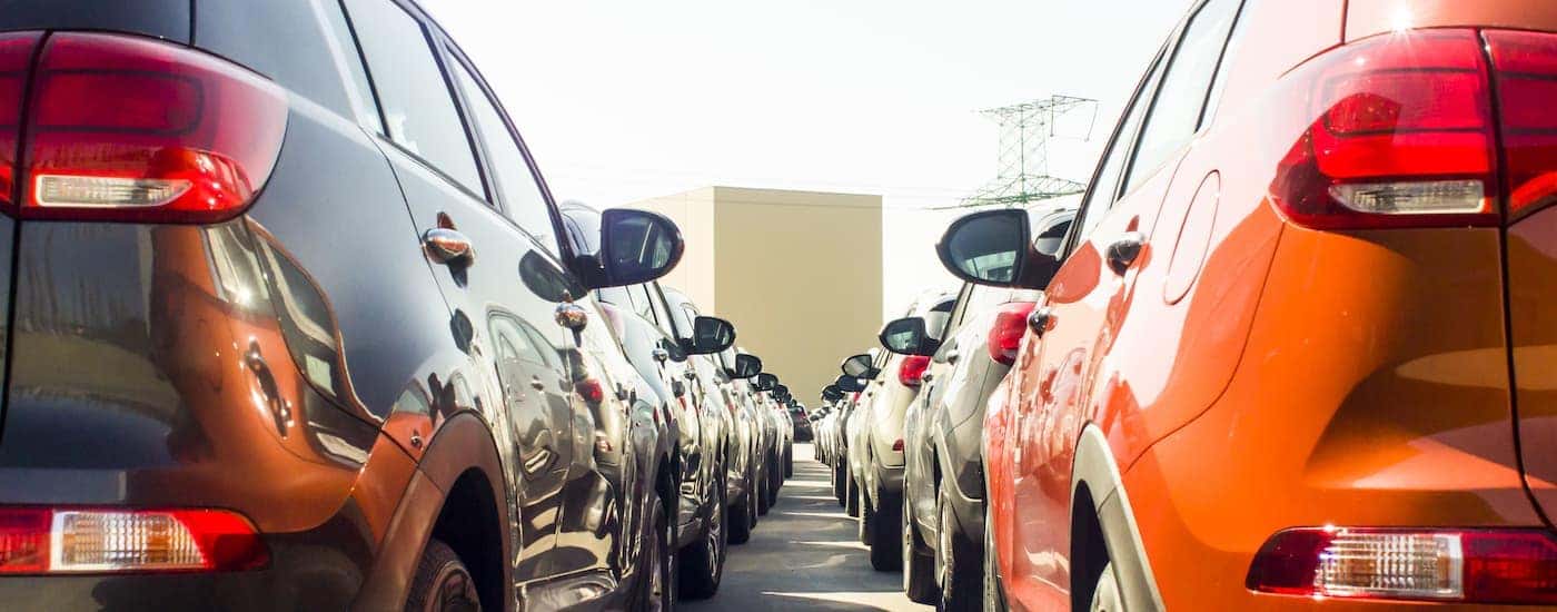 Rows of cars at a used car dealership