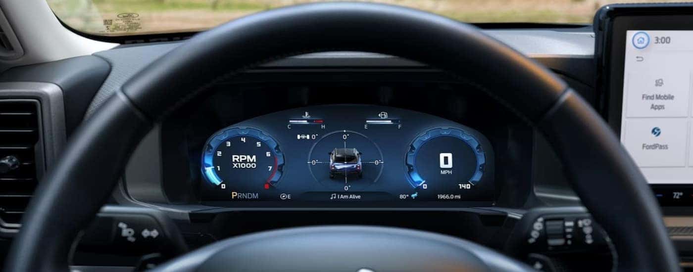 Close-up of the digital dash in a 2026 Ford Bronco Sport.