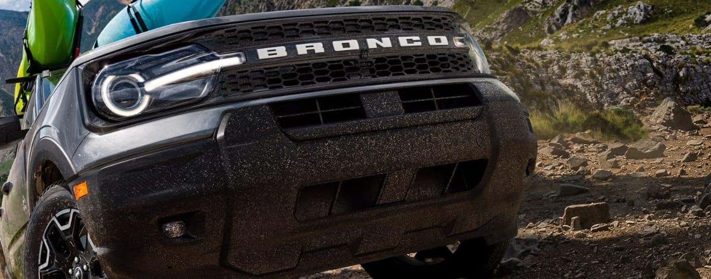 Grey 2026 Ford Bronco Sport close up with kayaks on the roof