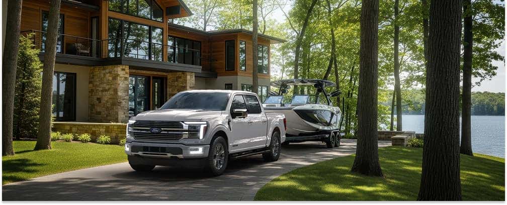 Front three-quarter view of a silver 2026 Ford F-150 towing a boat down a paved driveway by a lake.