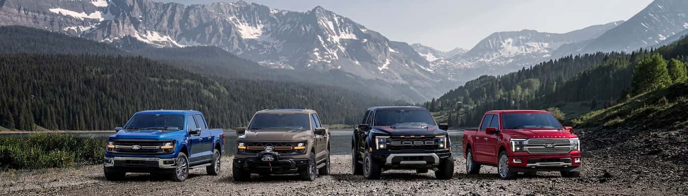 2025 Ford F-150 Lineup in Front of Mountains