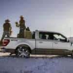 Man and woman cowboys feeding their steers hay from the back of their Ford pickup truck bed.